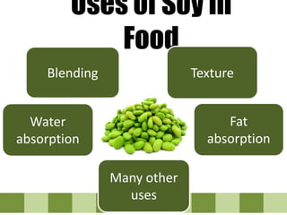 Uses of Soy in Food
Blending
Water
absorption
Many other
uses
Texture
Fat
absorption
 