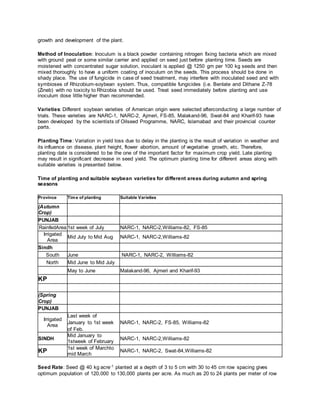 growth and development of the plant.
Method of Inoculation: Inoculum is a black powder containing nitrogen fixing bacteria which are mixed
with ground peat or some similar carrier and applied on seed just before planting time. Seeds are
moistened with concentrated sugar solution, inoculant is applied @ 1250 gm per 100 kg seeds and then
mixed thoroughly to have a uniform coating of inoculum on the seeds. This process should be done in
shady place. The use of fungicide in case of seed treatment, may interfere with inoculated seed and with
symbioses of Rhizobium-soybean system. Thus, compatible fungicides (i.e. Benlate and Dithane Z-78
(Zineb) with no toxicity to Rhizobia should be used. Treat seed immediately before planting and use
inoculum dose little higher than recommended.
Varieties: Different soybean varieties of American origin were selected afterconducting a large number of
trials. These varieties are NARC-1, NARC-2, Ajmeri, FS-85, Malakand-96, Swat-84 and Kharif-93 have
been developed by the scientists of Oilseed Programme, NARC, Islamabad and their provincial counter
parts.
Planting Time: Variation in yield loss due to delay in the planting is the result of variation in weather and
its influence on disease, plant height, flower abortion, amount of vegetative growth, etc. Therefore,
planting date is considered to be the one of the important factor for maximum crop yield. Late planting
may result in significant decrease in seed yield. The optimum planting time for different areas along with
suitable varieties is presented below.
Time of planting and suitable soybean varieties for different areas during autumn and spring
seasons
Province Time of planting Suitable Varieties
(Autumn
Crop)
PUNJAB
RainfedArea 1st week of July NARC-1, NARC-2,Williams-82, FS-85
Irrigated
Area
Mid July to Mid Aug NARC-1, NARC-2,Williams-82
Sindh
South June NARC-1, NARC-2, Williams-82
North Mid June to Mid July
May to June Malakand-96, Ajmeri and Kharif-93
KP
(Spring
Crop)
PUNJAB
Irrigated
Area
Last week of
January to 1st week
of Feb.
NARC-1, NARC-2, FS-85, Williams-82
SINDH
Mid January to
1stweek of February
NARC-1, NARC-2,Williams-82
KP
1st week of Marchto
mid March
NARC-1, NARC-2, Swat-84,Williams-82
Seed Rate: Seed @ 40 kg acre-1 planted at a depth of 3 to 5 cm with 30 to 45 cm row spacing gives
optimum population of 120,000 to 130,000 plants per acre. As much as 20 to 24 plants per meter of row
 