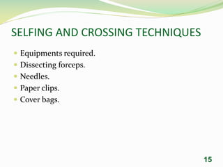 SELFING AND CROSSING TECHNIQUES
 Equipments required.
 Dissecting forceps.
 Needles.
 Paper clips.
 Cover bags.
15
 