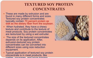 TEXTURED SOY PROTEIN
CONCENTRATES
 These are made by extrusion and are
found in many different forms and sizes.
Textured soy protein concentrates
typically contain 70 percent protein as
well as the dietary fiber from the soybean.
 When hydrated, they have a chewy
texture and contribute to the texture of
meat products. Soy protein concentrates
are texturized by using a wet extruder.
 The size of the textured concentrates
depends on its application. After,
extrusion-textured soy protein
concentrates can be converted into
different sizes using size reduction
equipment.
 Typical application of textured soy protein
concentrate is in meat products, like
 