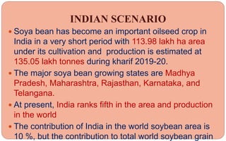 INDIAN SCENARIO
 Soya bean has become an important oilseed crop in
India in a very short period with 113.98 lakh ha area
under its cultivation and production is estimated at
135.05 lakh tonnes during kharif 2019-20.
 The major soya bean growing states are Madhya
Pradesh, Maharashtra, Rajasthan, Karnataka, and
Telangana.
 At present, India ranks fifth in the area and production
in the world
 The contribution of India in the world soybean area is
10 %, but the contribution to total world soybean grain
 
