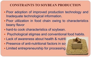 CONSTRAINTS TO SOYBEAN PRODUCTION
 Poor adoption of improved production technology and
Inadequate technological information.
 Poor utilization in food chain owing to characteristics
beany flavor
 hard-to cook characteristics of soybean.
 Psychological stigmas and conventional food habits.
 Lack of awareness about health & nutritional benefits
 Presence of anti-nutritional factors in soybean.
 Limited entrepreneurship for processing.
 