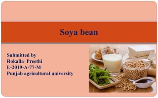 Soya bean
Submitted by
Rokalla Preethi
L-2019-A-77-M
Punjab agricultural university
 