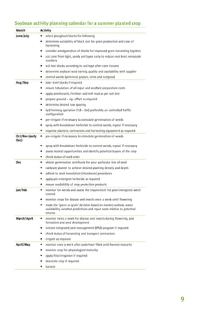 Soybean activity planning calendar for a summer planted crop
Month Activity
June/July select ploughout blocks for fallowing•
determine suitability of block size for grain production and ease of
harvesting
•
consider amalgamation of blocks for improved grain harvesting logistics•
cut cane from light, sandy soil types early to reduce root knot nematode
numbers
•
soil test blocks according to soil type after cane harvest•
determine soybean seed variety, quality and availability with supplier•
control weeds (perennial grasses, vines and nutgrass)•
Aug/Sep laser level blocks if required•
ensure tabulation of all input and seedbed preparation costs•
apply ameliorants, fertiliser and mill mud as per soil test•
prepare ground – rip, offset as required•
determine desired row spacing•
bed forming operation (1.8 - 2m) preferably on controlled traffic
configuration
•
pre-irrigate if necessary to stimulate germination of weeds•
spray with knockdown herbicide to control weeds, repeat if necessary•
organise planters, contractors and harvesting equipment as required•
Oct/Nov (early
Dec)
pre-irrigate if necessary to stimulate germination of weeds•
spray with knockdown herbicide to control weeds, repeat if necessary•
assess market opportunities and identify potential buyers of the crop•
check status of seed order•
Dec obtain germination certificate for your particular line of seed•
calibrate planter to achieve desired planting density and depth•
adhere to seed inoculation (rhizobium) procedures•
apply pre-emergent herbicide as required•
ensure availability of crop protection products•
Jan/Feb monitor for weeds and assess the requirement for post emergence weed
control
•
monitor crops for disease and insects once a week until flowering•
make the ‘green or grain’ decision based on market outlook, water
availability, weather predictions and input costs relative to potential
returns
•
March/April monitor twice a week for disease and insects during flowering, pod
formation and seed development
•
initiate integrated pest management (IPM) program if required•
check status of harvesting and transport contractors•
irrigate as required•
April/May monitor once a week after pods have filled until harvest maturity•
monitor crop for physiological maturity•
apply final irrigation if required•
desiccate crop if required•
harvest•
 