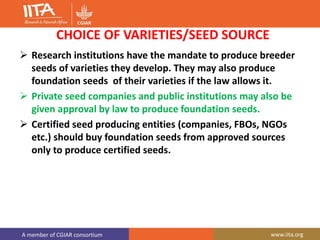 A member of CGIAR consortium www.iita.org
CHOICE OF VARIETIES/SEED SOURCE
 Research institutions have the mandate to produce breeder
seeds of varieties they develop. They may also produce
foundation seeds of their varieties if the law allows it.
 Private seed companies and public institutions may also be
given approval by law to produce foundation seeds.
 Certified seed producing entities (companies, FBOs, NGOs
etc.) should buy foundation seeds from approved sources
only to produce certified seeds.
 