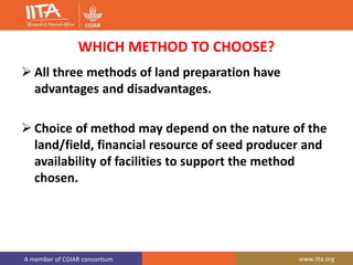 A member of CGIAR consortium www.iita.org
WHICH METHOD TO CHOOSE?
 All three methods of land preparation have
advantages and disadvantages.
 Choice of method may depend on the nature of the
land/field, financial resource of seed producer and
availability of facilities to support the method
chosen.
 