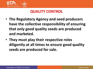 A member of CGIAR consortium www.iita.org
QUALITY CONTROL
• The Regulatory Agency and seed producers
have the collective responsibility of ensuring
that only good quality seeds are produced
and marketed.
• They must play their respective roles
diligently at all times to ensure good quality
seeds are produced for sale.
 