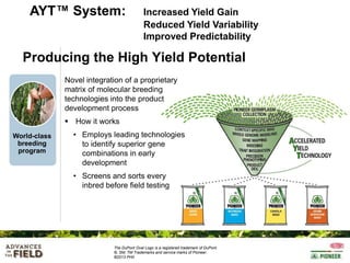 AYT™ System:

Increased Yield Gain
Reduced Yield Variability
Improved Predictability

Producing the High Yield Potential
Novel integration of a proprietary
matrix of molecular breeding
technologies into the product
development process
 How it works
World-class
breeding
program

• Employs leading technologies
to identify superior gene
combinations in early
development
• Screens and sorts every
inbred before field testing

The DuPont Oval Logo is a registered trademark of DuPont.
®, SM, TM Trademarks and service marks of Pioneer.
©2013 PHII

 