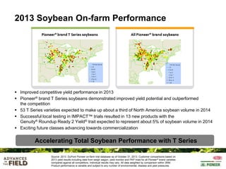2013 Soybean On-farm Performance

 Improved competitive yield performance in 2013
 Pioneer® brand T Series soybeans demonstrated improved yield potential and outperformed
the competition
 53 T Series varieties expected to make up about a third of North America soybean volume in 2014
 Successful local testing in IMPACT™ trials resulted in 13 new products with the
Genuity® Roundup Ready 2 Yield® trait expected to represent about 5% of soybean volume in 2014
 Exciting future classes advancing towards commercialization

Accelerating Total Soybean Performance with T Series
Source: 2013 DuPont Pioneer on-farm trial database as of October 31, 2013. Customer comparisons based on
2013 yield results including data from weigh wagon, yield monitor and PKP trials for all Pioneer ® brand varieties
compared against all competitors. Individual results may vary. All data weighted by comparison within 3RM.
Product performance is variable and subject to any number of environmental, disease and pest pressures.

 