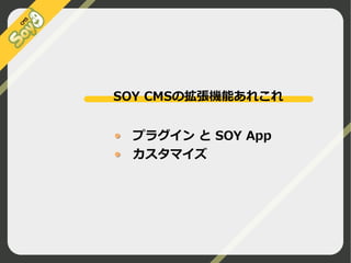 SOY CMSの拡張機能あれこれ
　プラグイン と SOY App
　カスタマイズ

©2009 Nippon Institute of Agroinformatics Ltd. All rights reserved.

 