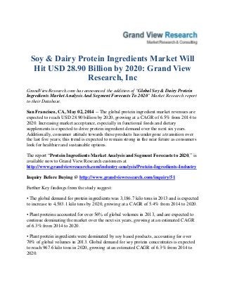 Soy & Dairy Protein Ingredients Market Will
Hit USD 28.90 Billion by 2020: Grand View
Research, Inc
GrandViewResearch.com has announced the addition of "Global Soy & Dairy Protein
Ingredients Market Analysis And Segment Forecasts To 2020" Market Research report
to their Database.
San Francisco, CA, May 02, 2014 -- The global protein ingredient market revenues are
expected to reach USD 28.90 billion by 2020, growing at a CAGR of 6.5% from 2014 to
2020. Increasing market acceptance, especially in functional foods and dietary
supplements is expected to drive protein ingredient demand over the next six years.
Additionally, consumer attitude towards these products has undergone a transition over
the last five years; this trend is expected to remain strong in the near future as consumers
look for healthier and sustainable options.
The report “Protein Ingredients Market Analysis and Segment Forecasts to 2020,” is
available now to Grand View Research customers at
http://www.grandviewresearch.com/industry-analysis/Protein-Ingredients-Industry
Inquiry Before Buying @ http://www.grandviewresearch.com/inquiry/51
Further Key findings from the study suggest:
• The global demand for protein ingredients was 3,186.7 kilo tons in 2013 and is expected
to increase to 4,583.1 kilo tons by 2020, growing at a CAGR of 5.4% from 2014 to 2020.
• Plant proteins accounted for over 56% of global volumes in 2013, and are expected to
continue dominating the market over the next six years, growing at an estimated CAGR
of 6.3% from 2014 to 2020.
• Plant protein ingredients were dominated by soy based products, accounting for over
70% of global volumes in 2013. Global demand for soy protein concentrates is expected
to reach 967.6 kilo tons in 2020, growing at an estimated CAGR of 6.3% from 2014 to
2020.
 