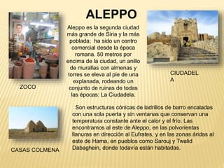 ALEPPO
ZOCO
CIUDADEL
A
Aleppo es la segunda ciudad
más grande de Siria y la más
poblada; ha sido un centro
comercial desde la época
romana. 50 metros por
encima de la ciudad, un anillo
de murallas con almenas y
torres se eleva al pie de una
explanada, rodeando un
conjunto de ruinas de todas
las épocas: La Ciudadela.
Son estructuras cónicas de ladrillos de barro encaladas
con una sola puerta y sin ventanas que conservan una
temperatura constante ante el calor y el frío. Las
encontramos al este de Aleppo, en las polvorientas
llanuras en dirección al Eufrates, y en las zonas áridas al
este de Hama, en pueblos como Sarouj y Twalid
Dabaghein, donde todavía están habitadas.CASAS COLMENA
 