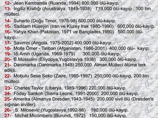 12-   Jean Kambanda (Ruanda, 1994) 800,000 ölü-kayıp. 13-   İngiliz Krallığı (Avustralya, 1849-1938)   719,000 ölü-kayıp , 100 bin mülteci. 14-   Suharto (Doğu Timor, 1976-98) 600,000 ölü-kayıp. 15-   Saddam Hüseyin (Iran ve Kuzey Irak 1980-1990)   600,000 ölü-kayıp. 16-   Yahya Khan (Pakistan, 1971 ve Banglades,1990)  500,000 ölü- kayıp. 17-   Savimbi (Angola, 1975-2002) 400,000 ölü-kayıp. 18-   Molla Ömer - Taliban (Afganistan, 1986-2001)  400,000 ölü-  kayıp. 19-   Idi Amin (Uganda, 1969-1979)      300,000 ölü-kayıp. 20-   B.Mussolini (Etiyopya,Yugoslavya 1936)   300,000 ölü-kayıp. 21-   Danimarka (Danimarka 1945) 250,000  Alman Mülteci ölüme terk edildi. 22-   Mobutu Sese Seko (Zaire, 1965-1997)  250,000 ölü-kayıp, 200 bin  mülteci. 23-   Charles Taylor (Liberya, 1989-1996) 220,000 ölü-kayıp. 24-   Foday Sankoh (Sierra Leone, 1991-2000)  200,000 ölü-kayıp. 25-   Amerika (Almanya Dresden,1943-1945)  200,000 sivil ölü (Dresden'e sığınan siviller). 26-    S. Milosevic (Yugoslavya,1992-96)    180,000 ölü-kayıp. 27-   Michel Micombero (Burundi, 1972)   150,000 ölü-kayıp. 