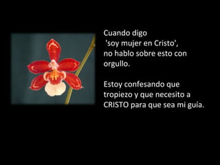 Cuando digo
'soy mujer en Cristo',
no hablo sobre esto con
orgullo.
Estoy confesando que
tropiezo y que necesito a
CRISTO para que sea mi guía.
 