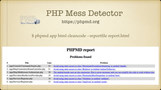 PHP Mess Detector
https://phpmd.org
$ phpmd app html cleancode --reportﬁle report.html
 