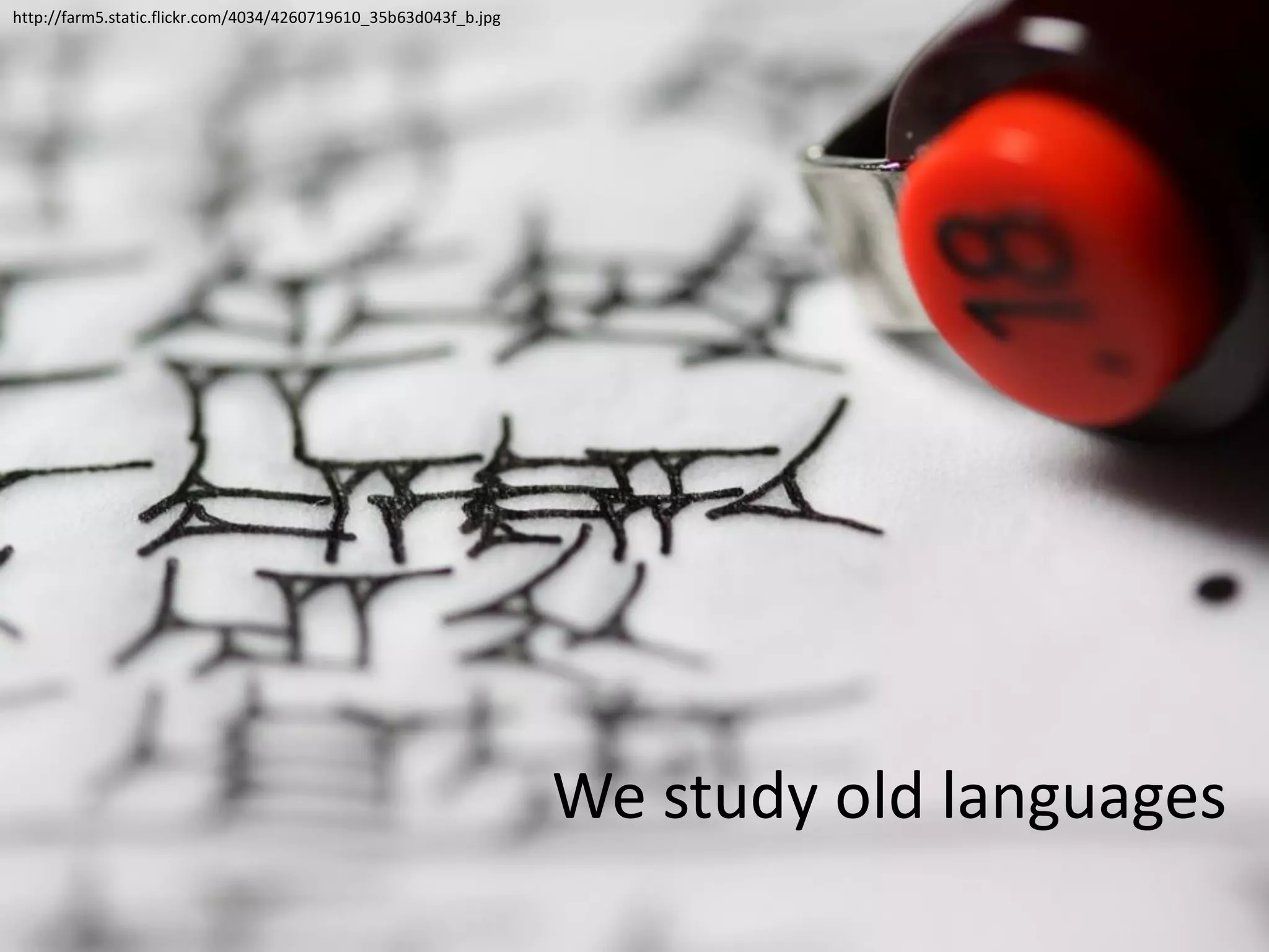 http://farm5.static.flickr.com/4034/4260719610_35b63d043f_b.jpg




                                                                  We study old languages
 