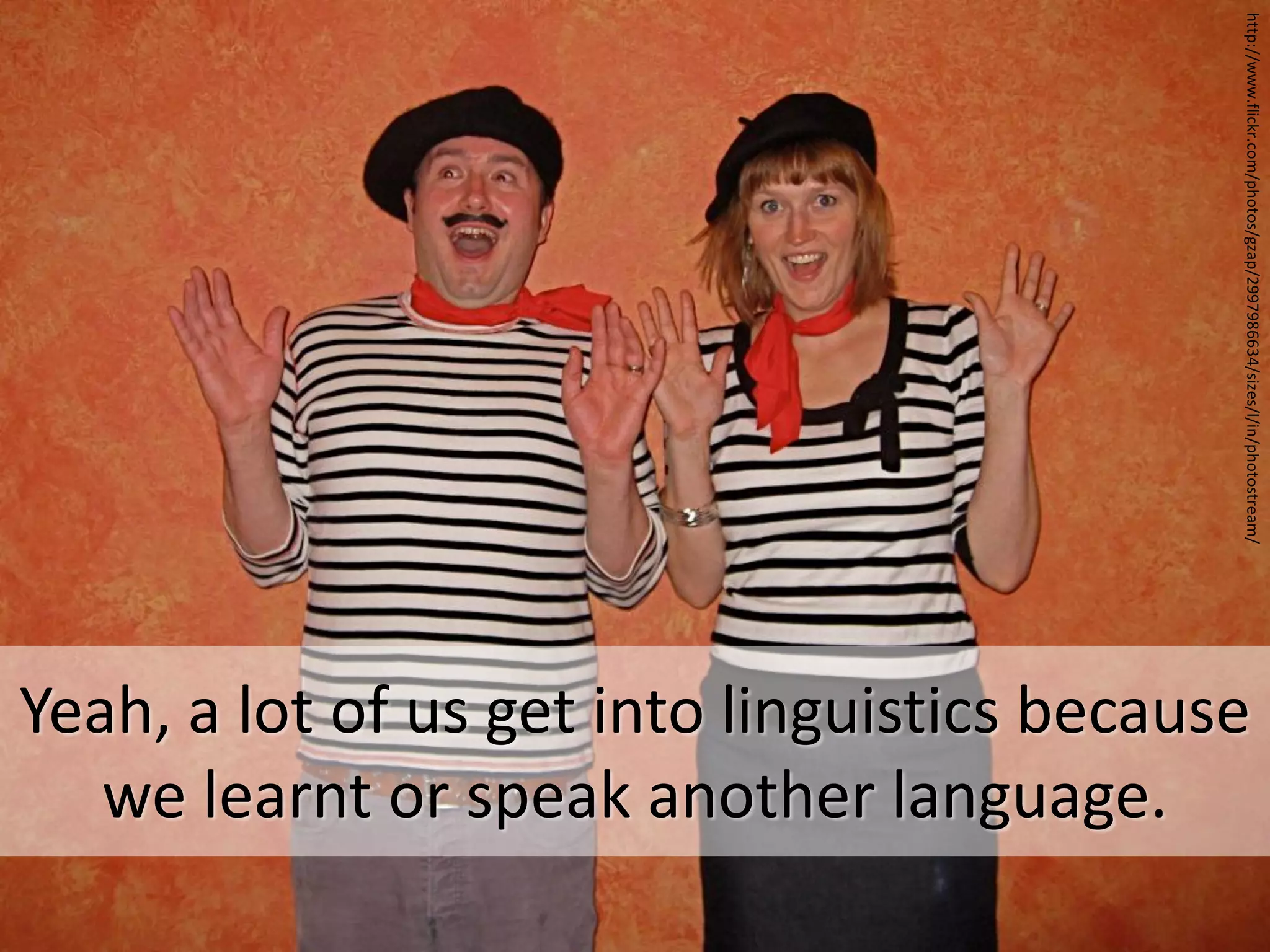 http://www.flickr.com/photos/gzap/2997986634/sizes/l/in/photostream/
Yeah, a lot of us get into linguistics because
   we learnt or speak another language.
 