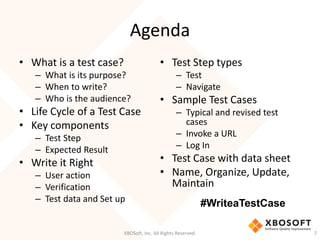 Agenda
XBOSoft, Inc. All Rights Reserved. 7
• What is a test case?
– What is its purpose?
– When to write?
– Who is the audience?
• Life Cycle of a Test Case
• Key components
– Test Step
– Expected Result
• Write it Right
– User action
– Verification
– Test data and Set up
• Test Step types
– Test
– Navigate
• Sample Test Cases
– Typical and revised test
cases
– Invoke a URL
– Log In
• Test Case with data sheet
• Name, Organize, Update,
Maintain
#WriteaTestCase
 