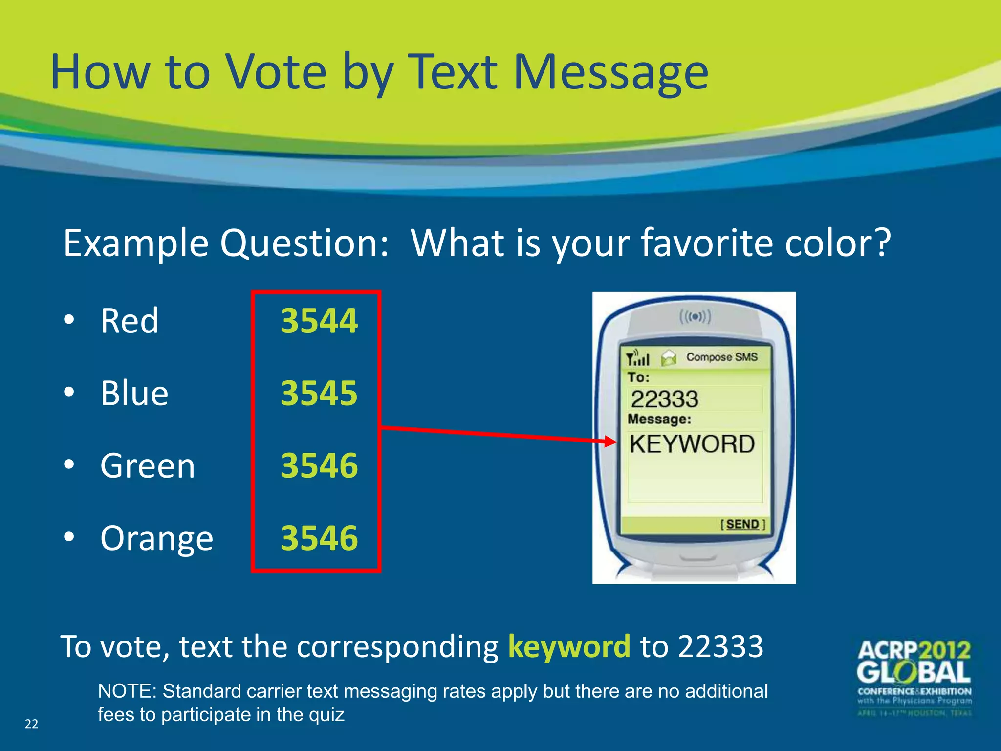 How to Vote by Text Message


     Example Question: What is your favorite color?
     • Red                 3544
     • Blue                3545
     • Green               3546
     • Orange              3546

     To vote, text the corresponding keyword to 22333
       NOTE: Standard carrier text messaging rates apply but there are no additional
22
       fees to participate in the quiz
 