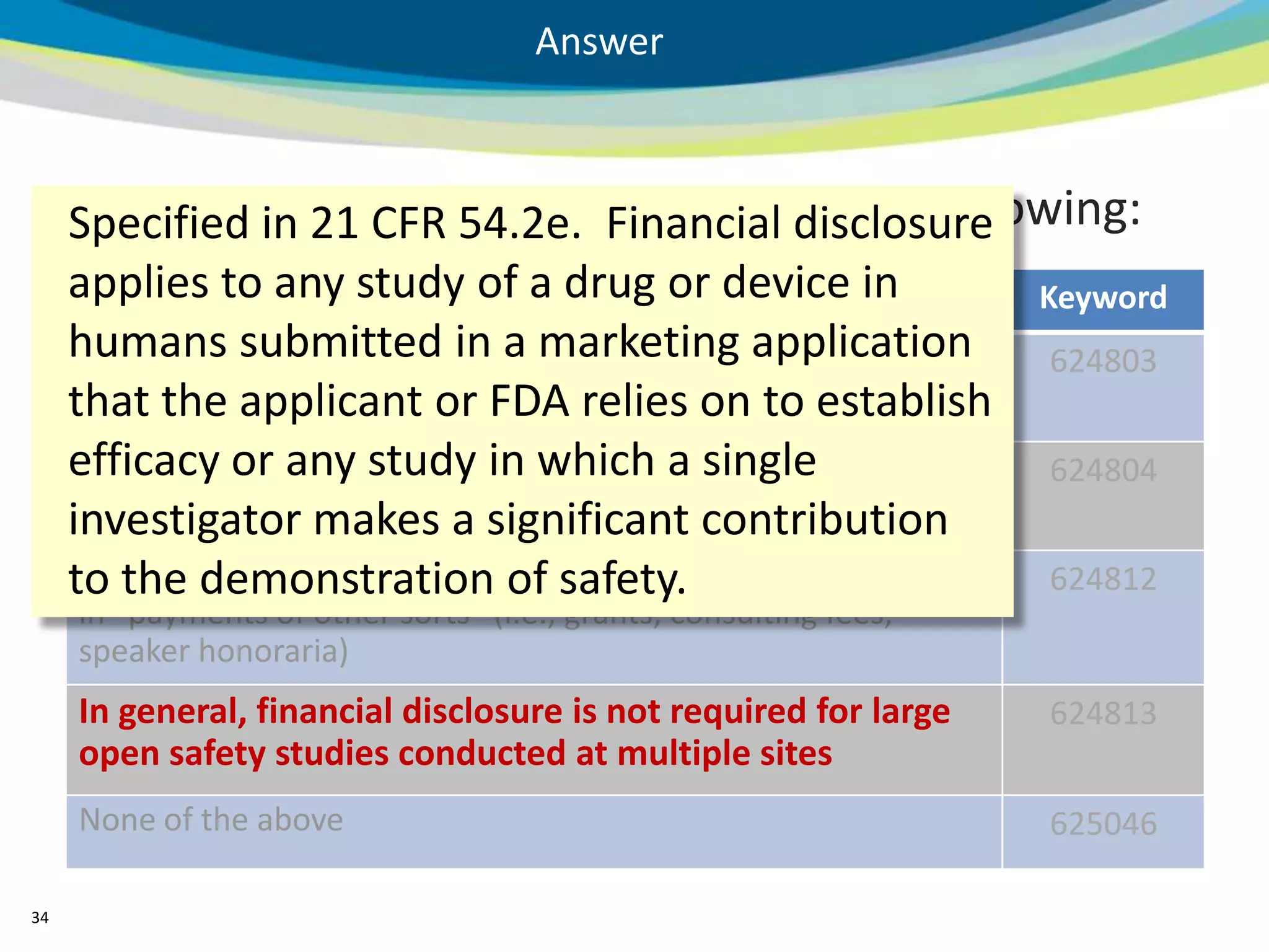 Answer



     Specified in 21 CFR 54.2e. 54) specify the following:
     FDA Regulations (21 CFR Financial disclosure
     applies to any study of a drug or device in
      Question                                                    Keyword
     humans submitted inof the sponsor may not participate 624803
      Part- or full-time employees a marketing application
     that theInvestigators inor FDA relies on to establish
      as Clinical applicant that sponsor’s trials
     efficacy or any study in which a single (i.e.,
      Clinical Investigators may not have a proprietary interest   624804
     investigator makestested product in acontribution
      patents, royalties) in the
                                 a significant trial
     to theInvestigators may not receive more than $25,000 a year 624812
      Clinical demonstration of safety.
     in “payments of other sorts” (i.e., grants, consulting fees,
     speaker honoraria)
     In general, financial disclosure is not required for large     624813
     open safety studies conducted at multiple sites
     None of the above                                              625046

34
 