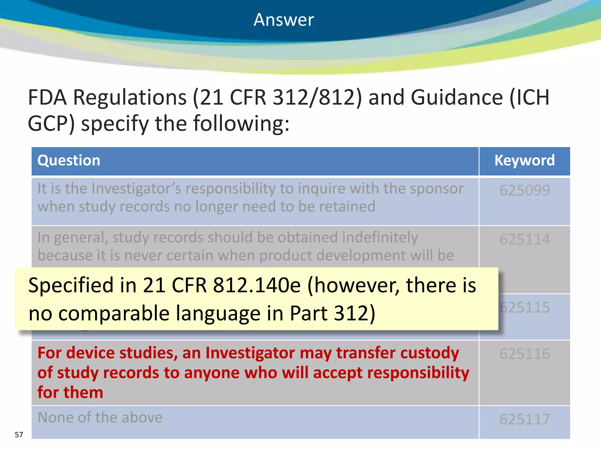 Answer


     FDA Regulations (21 CFR 312/812) and Guidance (ICH
     GCP) specify the following:
      Question                                                              Keyword
      It is the Investigator’s responsibility to inquire with the sponsor   625099
      when study records no longer need to be retained
      In general, study records should be obtained indefinitely             625114
      because it is never certain when product development will be
      permanently discontinued by the sponsor
     Specified in 21 CFR 812.140e (however, there is
     no comparable language inrecords312) by
      Sponsors should pay for the costs of
      Investigators                        Part storage                     625115

      For device studies, an Investigator may transfer custody              625116
      of study records to anyone who will accept responsibility
      for them
      None of the above                                                     625117
57
 