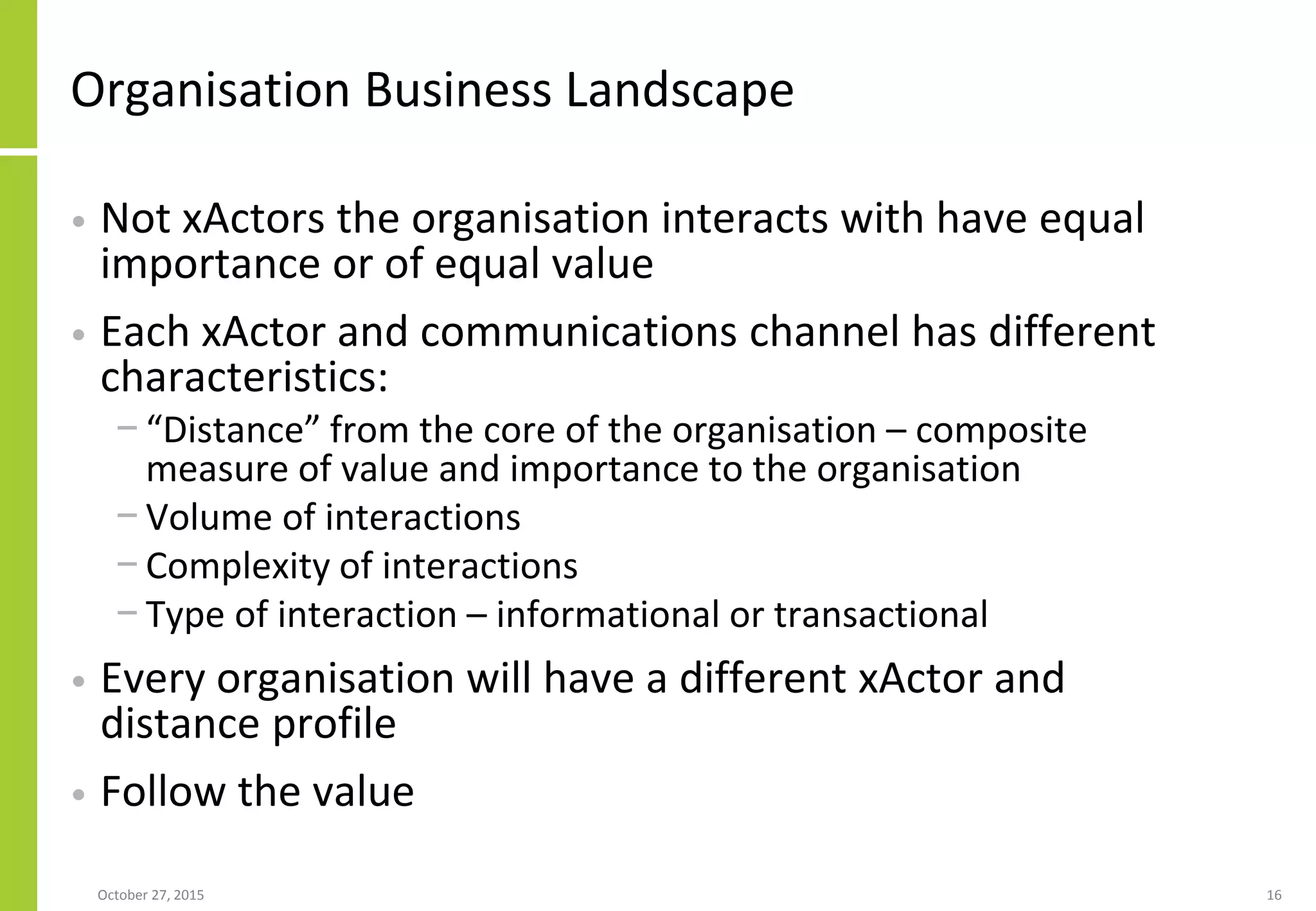 Organisation Business Landscape
• Not xActors the organisation interacts with have equal
importance or of equal value
• Each xActor and communications channel has different
characteristics:
− “Distance” from the core of the organisation – composite
measure of value and importance to the organisation
− Volume of interactions
− Complexity of interactions
− Type of interaction – informational or transactional
• Every organisation will have a different xActor and
distance profile
• Follow the value
January 21, 2016 16
 