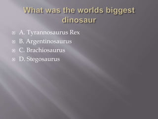  A. Tyrannosaurus Rex
 B. Argentinosaurus
 C. Brachiosaurus
 D. Stegosaurus
 