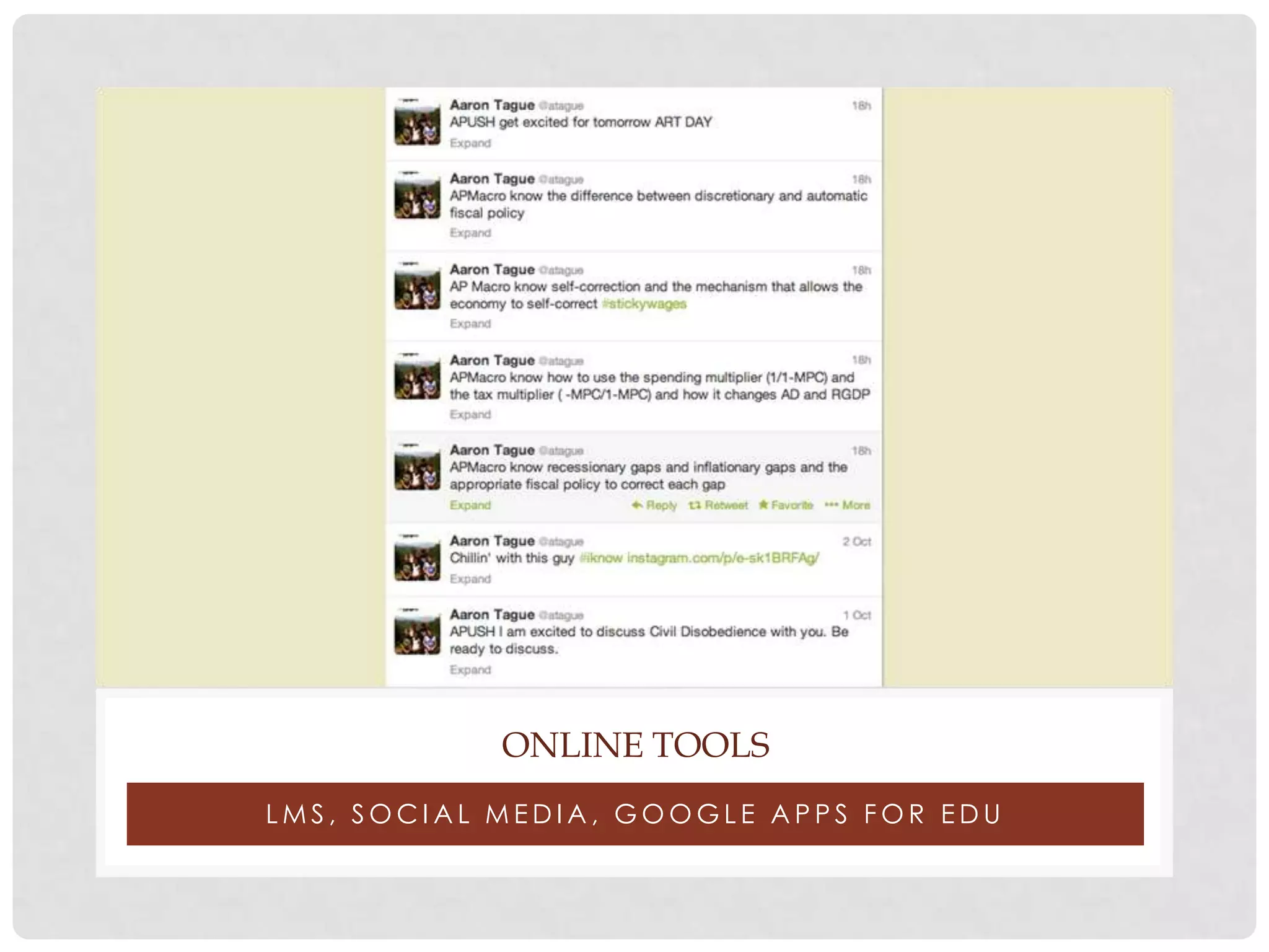 ONLINE TOOLS
LMS, SOCIAL MEDIA, GOOGLE APPS FOR EDU

 