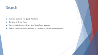 Search
 Indexes Content for Quick Retrieval
 Content is Cross Farm
 Can Include Content from Non SharePoint Sources
 Search can look across Millions of records in sub-second responses
 