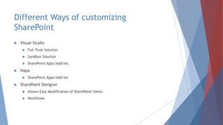 Different Ways of customizing
SharePoint
 Visual Studio
 Full Trust Solution
 Sandbox Solution
 SharePoint Apps/Add Ins
 Napa
 SharePoint Apps/Add Ins
 SharePoint Designer
 Allows Easy Modification of SharePoint Items
 Workflows
 