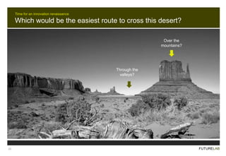 Time for an innovation renaissance

Which would be the easiest route to cross this desert?
Over the
mountains?

Through th...