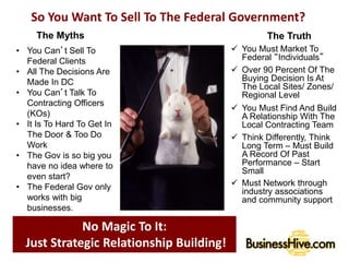 So You Want To Sell To The Federal Government?
The Myths
• You Can’t Sell To
Federal Clients
• All The Decisions Are
Made In DC
• You Can’t Talk To
Contracting Officers
(KOs)
• It Is To Hard To Get In
The Door & Too Do
Work
• The Gov is so big you
have no idea where to
even start?
• The Federal Gov only
works with big
businesses.
The Truth
 You Must Market To
Federal “Individuals”
 Over 90 Percent Of The
Buying Decision Is At
The Local Sites/ Zones/
Regional Level
 You Must Find And Build
A Relationship With The
Local Contracting Team
 Think Differently, Think
Long Term – Must Build
A Record Of Past
Performance – Start
Small
 Must Network through
industry associations
and community support
No Magic To It:
Just Strategic Relationship Building!
 