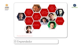 Peter
                                                            Cahsmore –
                                                             Mashable
                                                               (24)
                Matthew
                                               Santiago
               Mullenweg –
                                             Zavala – 500
               WordPresss
                                              Mexico (27)
                   (26)
                                Andrew
                                Mason –
                              Groupon (29)
                  Mark
                                                                         Aaron Levie –
               Zuckerber –
                                                                         Box.net (M23)
              Facebook (26)

                              David Karp –
                               Tumblr (24)




  Emprendedores Exitosos


El Emprendedor
 