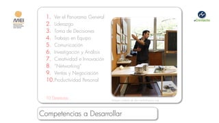 1. Ver el Panorama General
  2. Liderazgo
  3. Toma de Decisiones
  4. Trabajo en Equipo
  5. Comunicación
  6. Investigación y Análisis
  7. Creatividad e Innovación
  8. “Networking”
  9. Ventas y Negociación
  10.Productividad Personal


  10 Destrezas                  Imagen cortesía de dev.uochampions.org




Competencias a Desarrollar
 