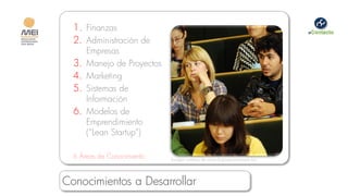 1. Finanzas
  2. Administración de
       Empresas
  3.   Manejo de Proyectos
  4.   Marketing
  5.   Sistemas de
       Información
  6.   Modelos de
       Emprendimiento
       (“Lean Startup”)

  6 Áreas de Conocimiento    Imagen cortesía de www.logosquizanswers.biz




Conocimientos a Desarrollar
 