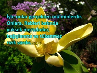 İşte onlar gerçekten mü’minlerdir.
Onlara, Rableri katında
yüksek mertebeler,
bağışlanma ve tükenmez
rızık vardır.Enfal-4
19
 