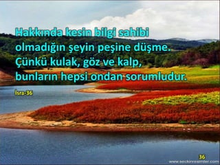 Hakkında kesin bilgi sahibi
olmadığın şeyin peşine düşme.
Çünkü kulak, göz ve kalp,
bunların hepsi ondan sorumludur.
İsra-36
36
 