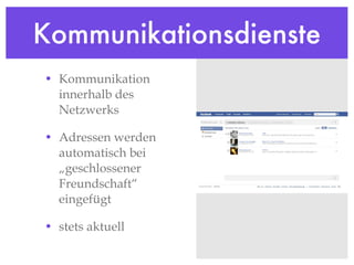 Kommunikationsdienste Kommunikation innerhalb des Netzwerks Adressen werden automatisch bei „geschlossener Freundschaft“ eingefügt stets aktuell 