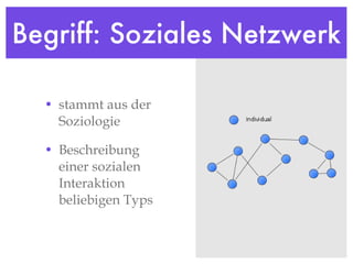 Begriff: Soziales Netzwerk stammt aus der Soziologie Beschreibung einer sozialen Interaktion beliebigen Typs 