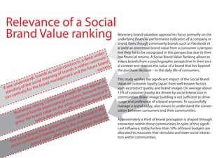 Relevance of a Social
 Brand Value ranking                                                                  Monetary brand valuation approaches focus primarily on the
                                                                                      underlying financial performance indicators of a company or
                                                                                      brand. Even though community brands such as facebook et
                                                                                      al yield an enormous brand value from a consumer`s perspec-
                                                                               r-     tive they fail to be recognized in this perspective due to their
                                                                      pu  nde i-      low financial returns. A Social Brand Value Ranking allows to
                                                                  dee mmun
                                                             s, a                     assess brands from a psychographic perspective in their soci-
                                                    nst ruct ithin co e brand         al context and stresses the value of a brand that lies beyond
                                                                        r         s
                                          ci al co nds is w he futu succes
                                       so                      t                      the purchase decision – in the daily life of consumers.
                                  s as g of bra nt and
                                nd nin
                            bra                   me
                   ta nds ial mea anage                                               This study verifies the significant impact of the Social Brand
             ders he soc rand m                                             r in
                                                                        pea se
       e un of t              b                                    t ap
                                                                                      Value on customer loyalty (apart from well-known factors
If on ding           for t
                           he                                                e
                                                              o no ause th l fi-      such as product quality and brand image): On average about
      n
  sta ntrall      y                                      ds d      c         a        15% of customer loyalty are driven by social interaction in
      s ce                                    it y bran ures, be classic etc.)
  tie                                  mun proced ide fromcebook
                                                                                      communities. Brand image building is not sufficient to drive
                                    om        t           s                           usage and preference of a brand anymore. To successfully
                              ng C essmen other ntly (fa
                            ro ss
                       s st                the           cie                          manage a brand today, also means to understand the conver-
                erou rands a lue on y insuffi
           um al b
                                                                              e
                                                                        in th f       sation between consumers and their communities.
         N                       va       nl                       and
          c la ssic e brand e data o                         f a br anding n
                                                                              o
                   th nanc                               eo         t         io
                                                    valu unders e decis
                                                                                      Approximately a third of brand perception is shaped through
          gr asp                                  e
                                           s th        he          as                 interaction within those communities. In spite of this signifi-
                                     grasp tends t e purch                            cant influence, today far less than 10% of brand budgets are
                            dV alue eby ex he pur                                     allocated to measures that stimulate and steer social interac-
                  al Bran nd ther “ after t
           Soci text a value                                                          tion within communities.
      The l con rand
            a          „b
       soci
 