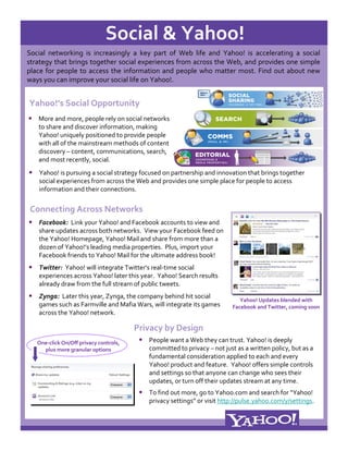 Social & Yahoo!
Social  networking  is  increasingly  a  key  part  of  Web  life  and  Yahoo!  is  accelerating  a  social 
strategy that brings together social experiences from across the Web, and provides one simple 
place  for  people  to  access  the  information  and  people  who  matter most.  Find  out  about  new 
ways you can improve your social life on Yahoo!.


Yahoo!’s Social Opportunity
• More and more, people rely on social networks 
    to share and discover information, making 
    Yahoo! uniquely positioned to provide people 
    with all of the mainstream methods of content 
    discovery – content, communications, search, 
    and most recently, social.
• Yahoo! is pursuing a social strategy focused on partnership and innovation that brings together 
    social experiences from across the Web and provides one simple place for people to access 
    information and their connections.


 Connecting Across Networks
• Facebook:  Link your Yahoo! and Facebook accounts to view and 
    share updates across both networks.  View your Facebook feed on 
    the Yahoo! Homepage, Yahoo! Mail and share from more than a 
    dozen of Yahoo!’s leading media properties.  Plus, import your 
    Facebook friends to Yahoo! Mail for the ultimate address book!
• Twitter:  Yahoo! will integrate Twitter’s real‐time social 
    experiences across Yahoo! later this year.  Yahoo! Search results 
    already draw from the full stream of public tweets.
• Zynga:  Later this year, Zynga, the company behind hit social                Yahoo! Updates blended with 
    games such as Farmville and Mafia Wars, will integrate its games        Facebook and Twitter, coming soon
    across the Yahoo! network.

                                         Privacy by Design
   One‐click On/Off privacy controls,     • People want a Web they can trust. Yahoo! is deeply 
     plus more granular options              committed to privacy – not just as a written policy, but as a 
                                             fundamental consideration applied to each and every 
                                             Yahoo! product and feature.  Yahoo! offers simple controls 
                                             and settings so that anyone can change who sees their 
                                             updates, or turn off their updates stream at any time.  
                                          • To find out more, go to Yahoo.com and search for “Yahoo! 
                                             privacy settings” or visit http://pulse.yahoo.com/y/settings.
 
