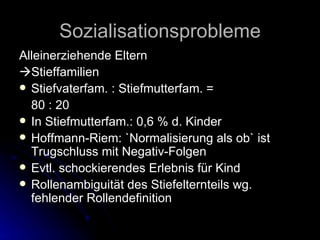 Sozialisationsprobleme Alleinerziehende Eltern  Stieffamilien Stiefvaterfam. : Stiefmutterfam. = 80 : 20 In Stiefmutterfam.: 0,6 % d. Kinder Hoffmann-Riem: `Normalisierung als ob` ist Trugschluss mit Negativ-Folgen Evtl. schockierendes Erlebnis für Kind Rollenambiguität des Stiefelternteils wg. fehlender Rollendefinition 