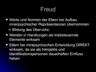 Freud Werte und Normen der Eltern bei Aufbau innerpsychischer Repräsentanzen übernommen -> Bildung des Über-ichs Werden in Handlungen als triebsteuernde Elemente wirksam Eltern bei intrapsychischen Entwicklung DIREKT wirksam, da sie als Introjekte und Identifikationspersonen dauerhaften Einfluss haben 