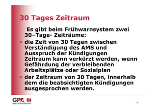 30 Tages Zeitraum
   Es gibt beim Frühwarnsystem zwei
  30–Tage- Zeiträume:
• die Zeit von 30 Tagen zwischen
  Verständigung des AMS und
  Ausspruch der Kündigungen
  Zeitraum kann verkürzt werden, wenn
  Gefährdung der verbleibenden
  Arbeitsplätze oder Sozialplan
• der Zeitraum von 30 Tagen, innerhalb
  dem die beabsichtigten Kündigungen
  ausgesprochen werden.

                                     26
 