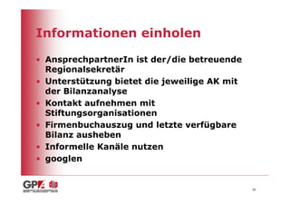 Informationen einholen

• AnsprechpartnerIn ist der/die betreuende
  Regionalsekretär
• Unterstützung bietet die jeweilige AK mit
  der Bilanzanalyse
• Kontakt aufnehmen mit
  Stiftungsorganisationen
• Firmenbuchauszug und letzte verfügbare
  Bilanz ausheben
• Informelle Kanäle nutzen
• googlen


                                              30
 