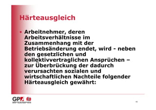 Härteausgleich

• Arbeitnehmer, deren
  Arbeitsverhältnisse im
  Zusammenhang mit der
  Betriebsänderung endet, wird - neben
  den gesetzlichen und
  kollektivvertraglichen Ansprüchen –
  zur Überbrückung der dadurch
  verursachten sozialen und
  wirtschaftlichen Nachteile folgender
  Härteausgleich gewährt:


                                         40
 