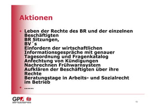 Aktionen
• Leben der Rechte des BR und der einzelnen
  Beschäftigten
  BR Sitzungen,
  BV´s
  Einfordern der wirtschaftlichen
  Informationsgespräche mit genauer
  Tagesordnung und Fragenkatalog
  Anfechtung von Kündigungen
  Nachrechnen Frühwarnsystem
  Aufklären der Beschäftigten über ihre
  Rechte
  Beratungstage in Arbeits- und Sozialrecht
  im Betrieb
• ……


                                              53
 