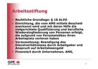 Arbeitsstiftung
• Rechtliche Grundlage: § 18 ALVG
• Einrichtung, die vom AMS mittels Bescheid
  anerkannt wird und mit deren Hilfe die
  zielgerichtete Qualifizierung und berufliche
  Wiedereingliederung von Personen erfolgt,
  die aufgrund von Personalabbau ihren
  Arbeitsplatz verloren haben
• Voraussetzung: Beendigung des
  Dienstverhältnisses durch Arbeitgeber und
  Anspruch auf Arbeitslosengeld
• Finanziert durch Unternehmen, AMS,



                                                 60
 