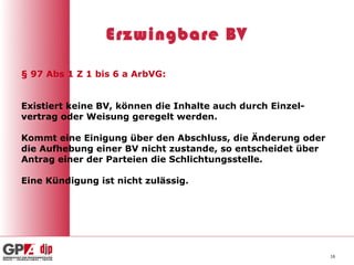 Erzwingbare BV

§ 97 Abs 1 Z 1 bis 6 a ArbVG:


Existiert keine BV, können die Inhalte auch durch Einzel-
vertrag oder Weisung geregelt werden.

Kommt eine Einigung über den Abschluss, die Änderung oder
die Aufhebung einer BV nicht zustande, so entscheidet über
Antrag einer der Parteien die Schlichtungsstelle.

Eine Kündigung ist nicht zulässig.




                                                             16
 