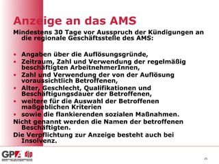 Anzeige an das AMS
Mindestens 30 Tage vor Ausspruch der Kündigungen an
  die regionale Geschäftsstelle des AMS:

• Angaben über die Auflösungsgründe,
• Zeitraum, Zahl und Verwendung der regelmäßig
  beschäftigten ArbeitnehmerInnen,
• Zahl und Verwendung der von der Auflösung
  voraussichtlich Betroffenen,
• Alter, Geschlecht, Qualifikationen und
  Beschäftigungsdauer der Betroffenen,
• weitere für die Auswahl der Betroffenen
  maßgeblichen Kriterien
• sowie die flankierenden sozialen Maßnahmen.
Nicht genannt werden die Namen der betroffenen
  Beschäftigten.
Die Verpflichtung zur Anzeige besteht auch bei
  Insolvenz.

                                                      25
 